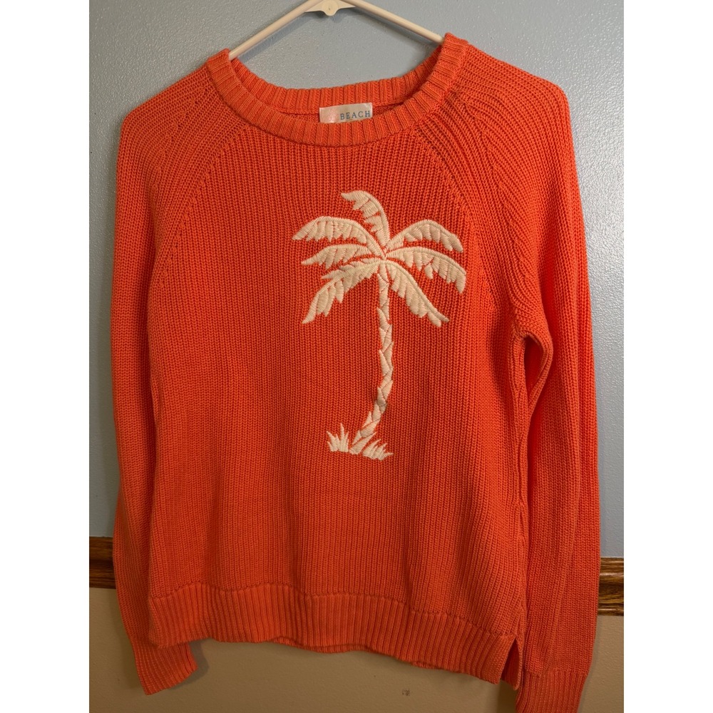 Belle Beach Kim Gravel Orange Palm Tree Knit Sweater XXS A643640